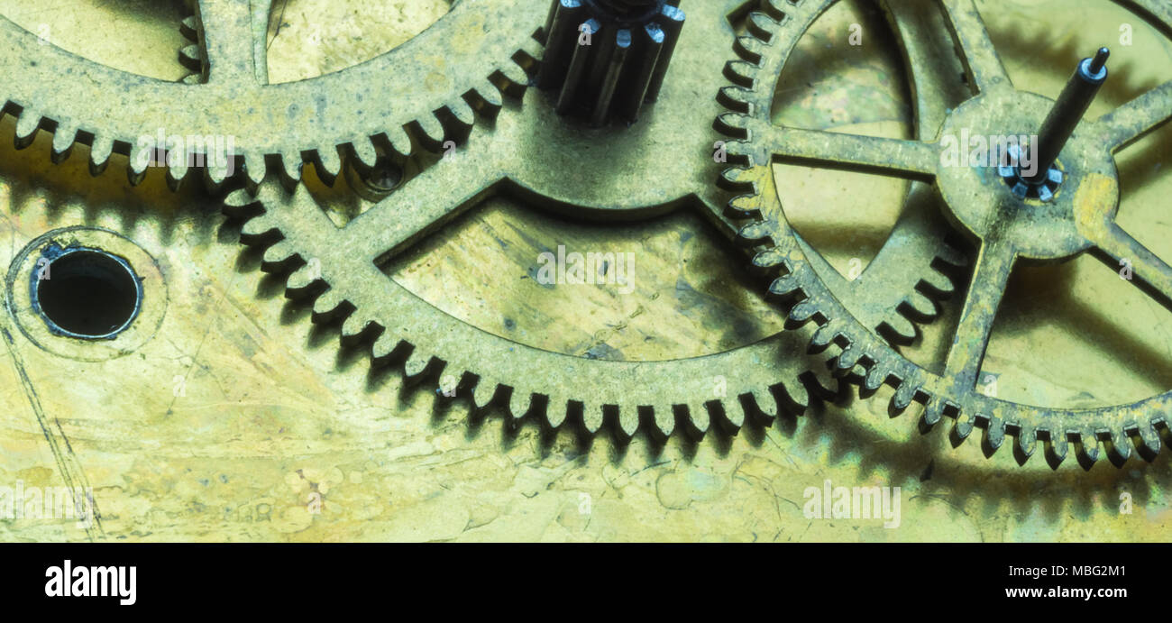 Belle macro close-up sur le mécanisme d'horlogerie à engrenage. Concept d'illustration de machines, de la technologie de l'ingénierie, la pensée, de l'esprit. Banque D'Images