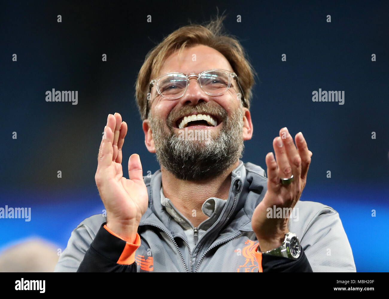 Manager de Liverpool Jurgen Klopp célèbre après l'UEFA Champions League, quart-de-finale à l'Etihad Stadium, Manchester. Banque D'Images