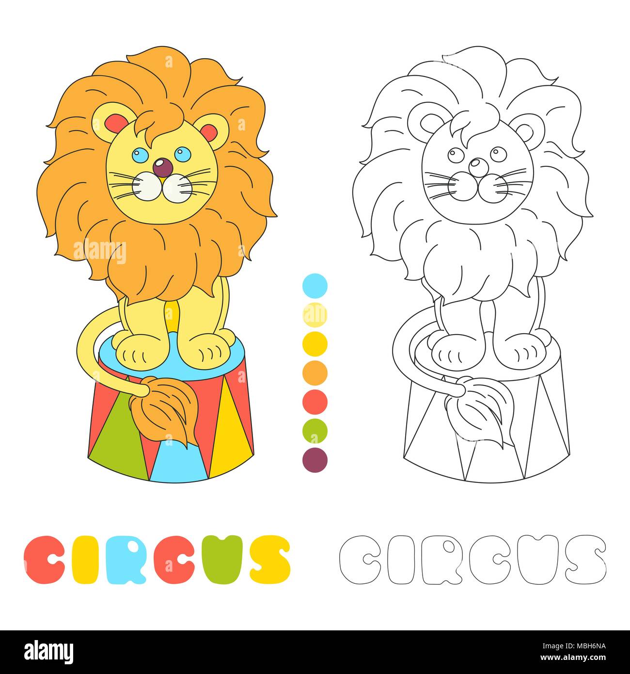 Funny lion assis dans une arène de cirque enfants caractère vectoriel page à colorier Illustration de Vecteur