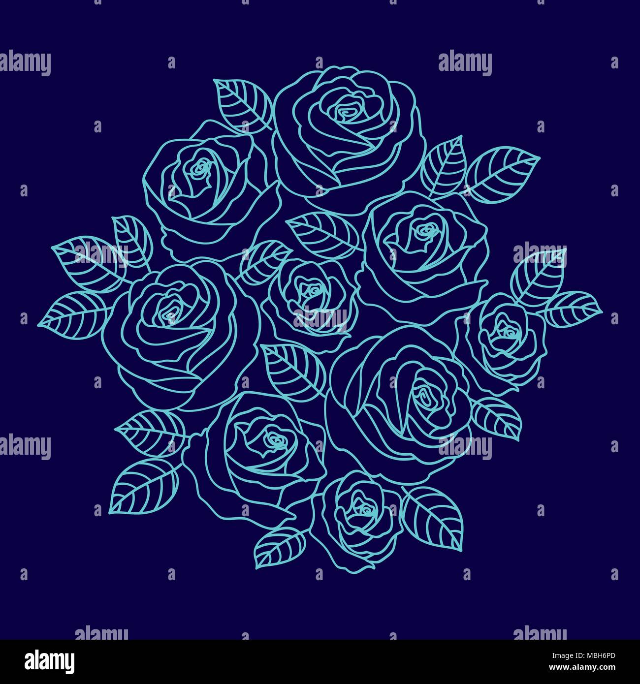 Contour bleu pâle vecteur couronne de roses sur le fond bleu marine. Floral design pour carte de souhaits Illustration de Vecteur