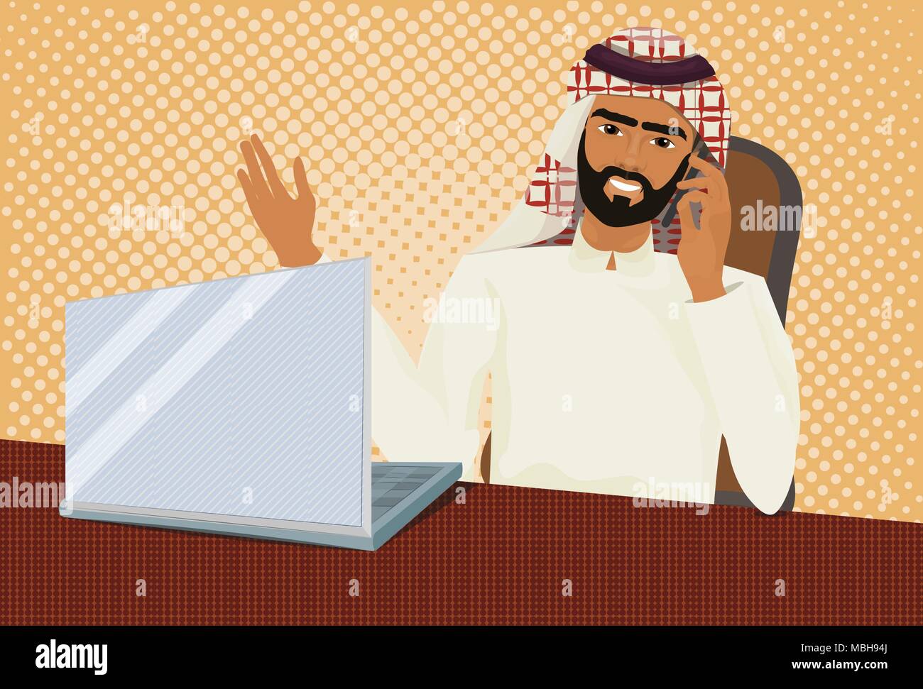 L'homme d'affaires arabes en vêtements traditionnels Working at Laptop Computer Talk sur Téléphone sur fond de bande dessinée rétro Illustration de Vecteur