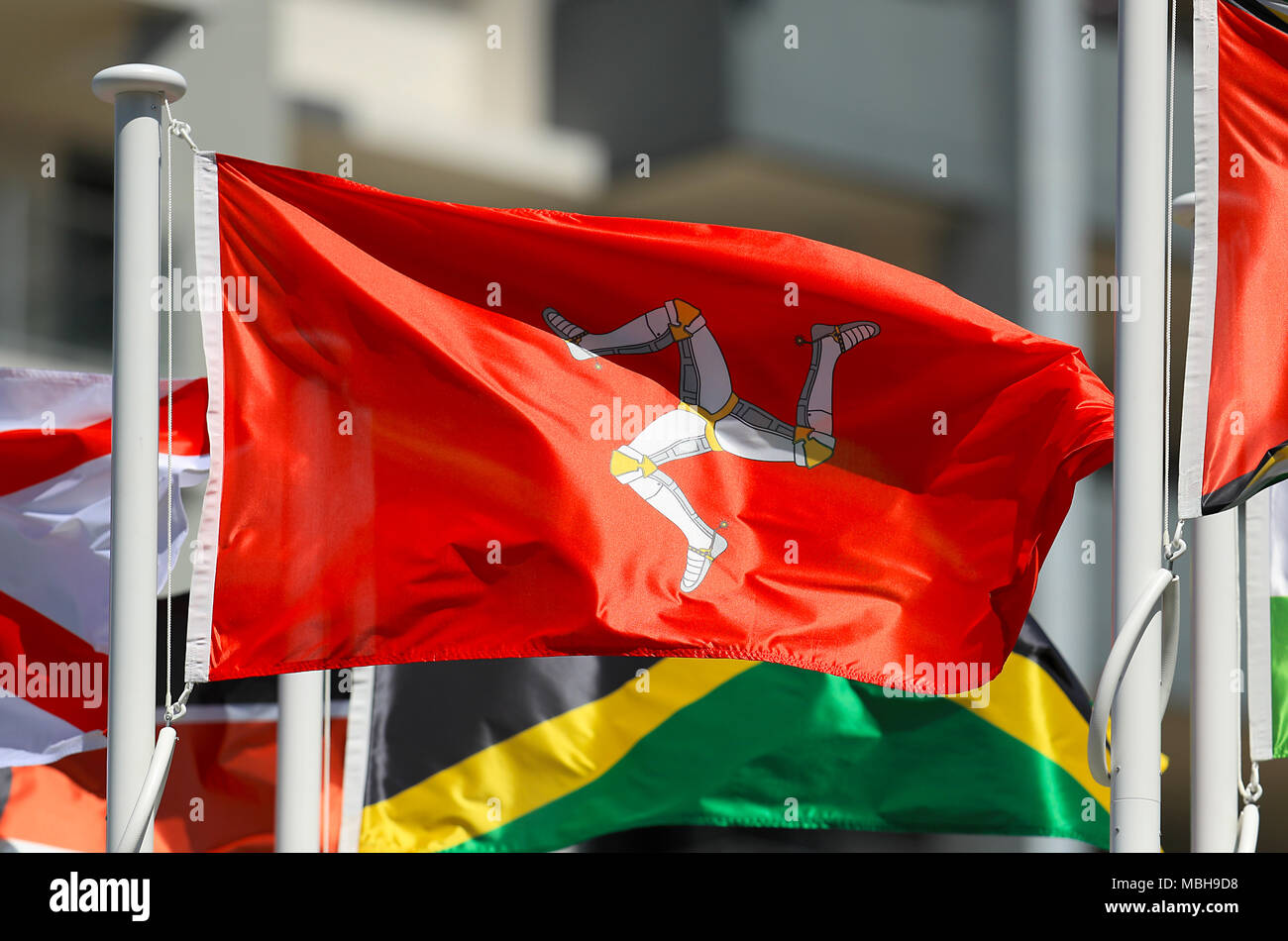 Le pavillon de l'île de Man sur une perche aux Jeux du Commonwealth Banque D'Images