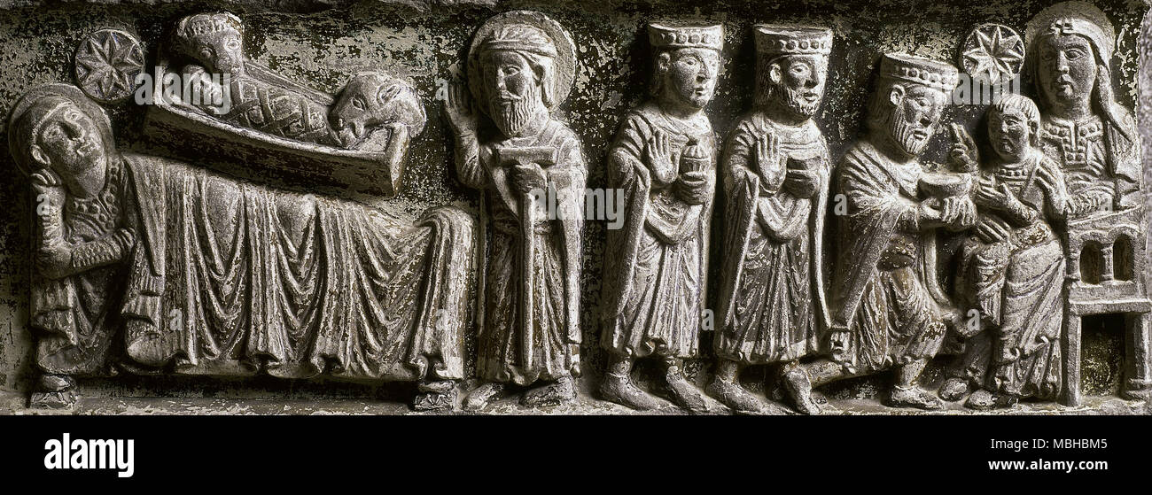 Saint Raymond de Barbastro (1067-1126). L'évêque du diocèse d'Roda-Barbastro. Reliefs du sépulcre retraçant la vie de la Vierge : la Nativité et l'Epiphanie. Détail. En date du 1170. Crypte de la cathédrale de Saint Vincent. Roda de Isabena, province de Huesca, Aragon, Espagne. Banque D'Images