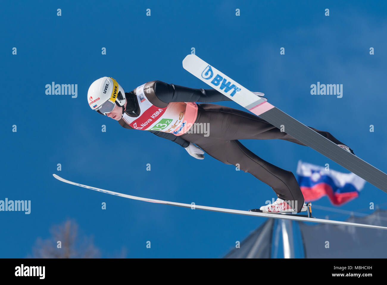 PLANICA, en Slovénie - 24 mars 2018 : Coupe du monde de saut à ski - Final KLIMOV Evgeniy RUS Banque D'Images