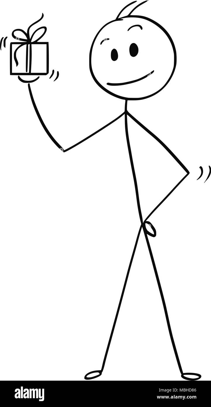 Caricature de l'homme ou homme avec petit cadeau fort ou présente dans sa main Illustration de Vecteur