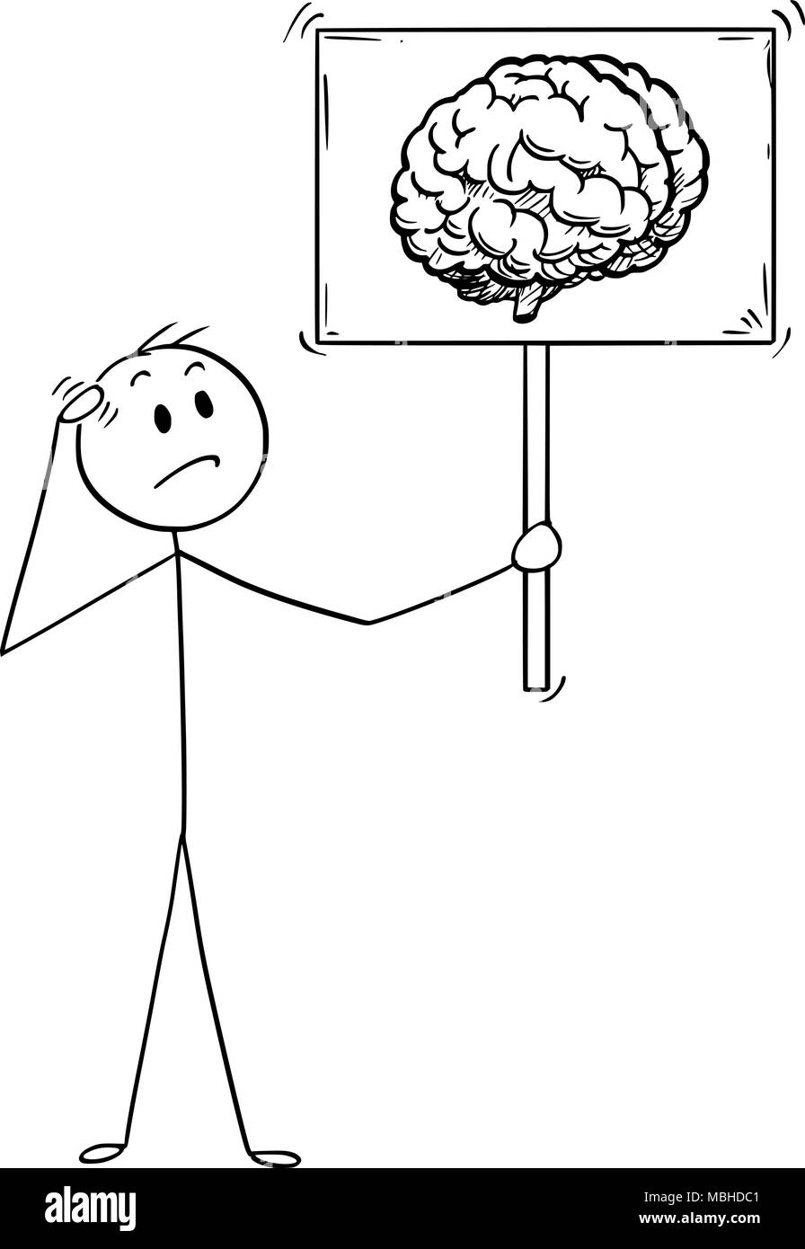 Caricature de l'homme incertain ou Businessman Holding Sign avec symbole Image du cerveau Illustration de Vecteur