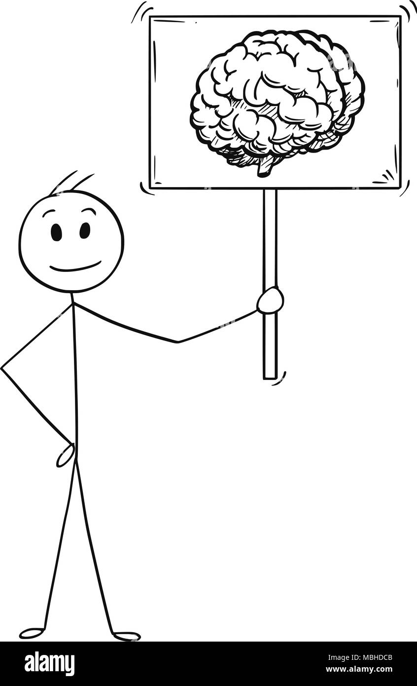 Caricature de l'homme ou Businessman Holding Sign avec symbole Image du cerveau Illustration de Vecteur