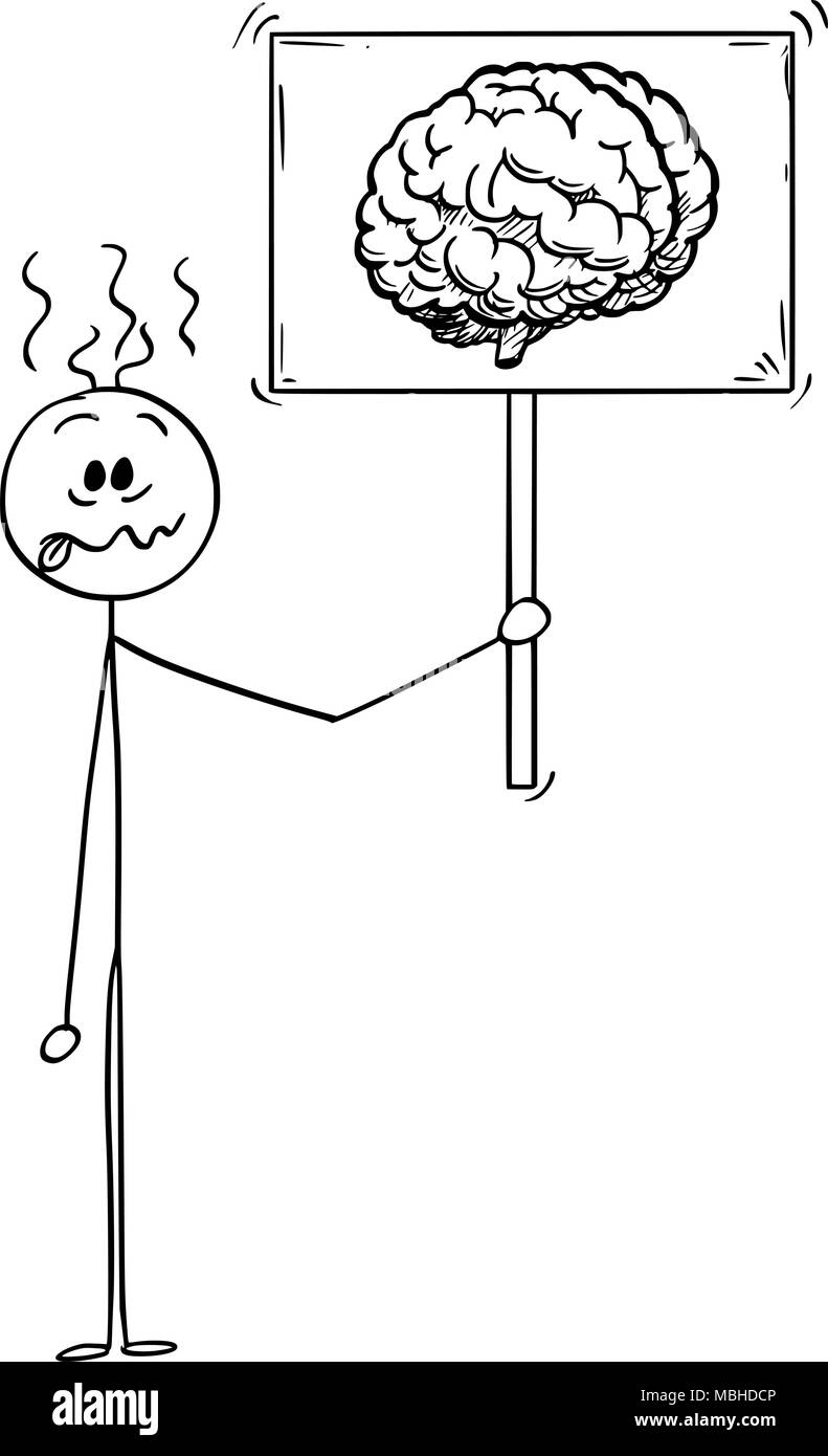 Caricature de fou ou stupide ou Businessman Holding Sign avec symbole Image du cerveau Illustration de Vecteur