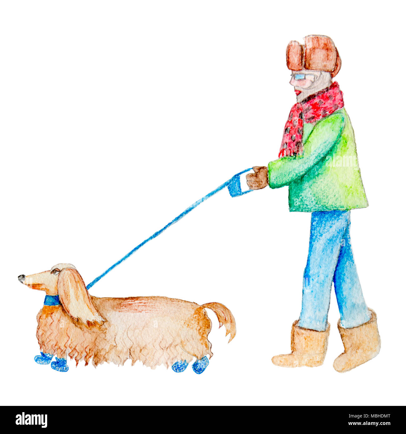 Un homme âgé avec promenade de chiens en hiver. Aquarelle illustration isolé sur fond blanc. Banque D'Images