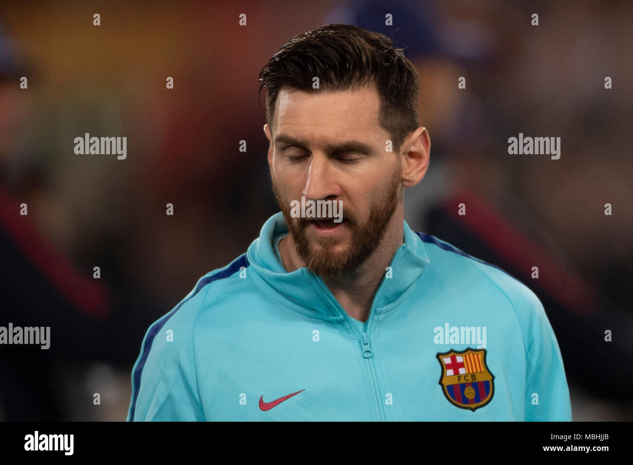 Lionel Andrés Messi de Barcelone au cours de la Ligue des Champions UEFA ' ' quart-de-finale, 2er leg, match entre les Roms 3-0 Barcelone au Stade olympique le 10 avril 2018 à Rome, Italie. Credit : Maurizio Borsari/AFLO/Alamy Live News Banque D'Images