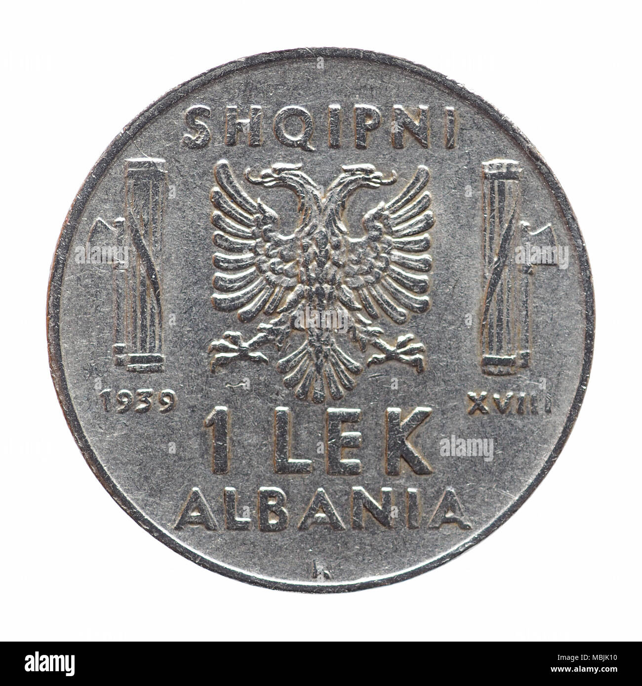 1 Lek albanais anciens coins, vers 1939 isolated over white background Banque D'Images