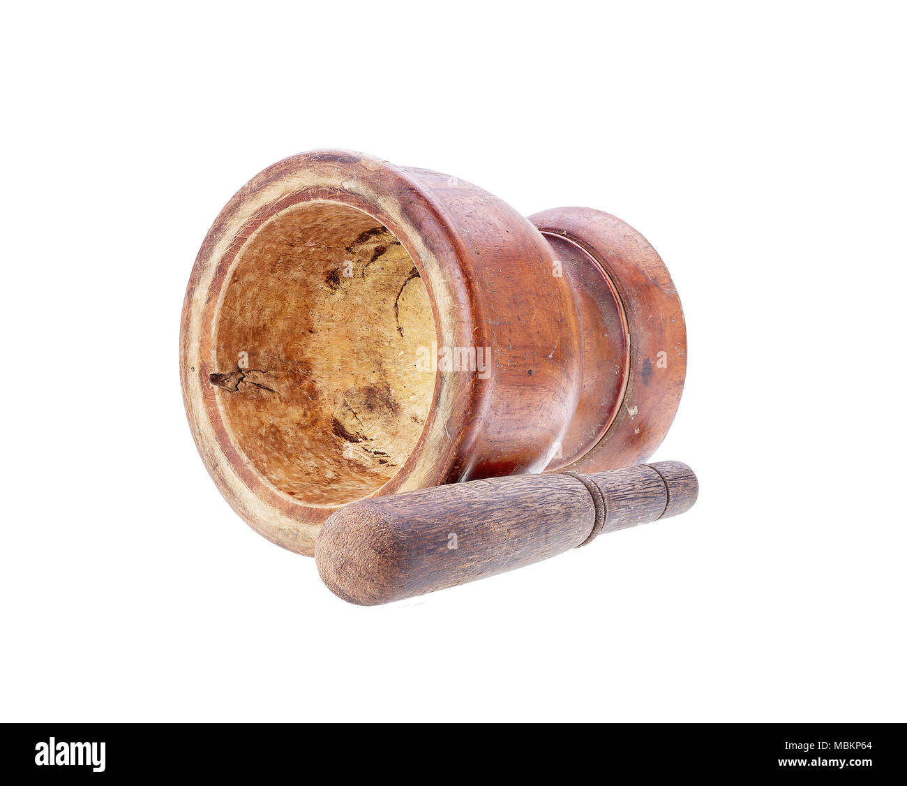 Mortier et pilon en bois isolé sur fond blanc Banque D'Images