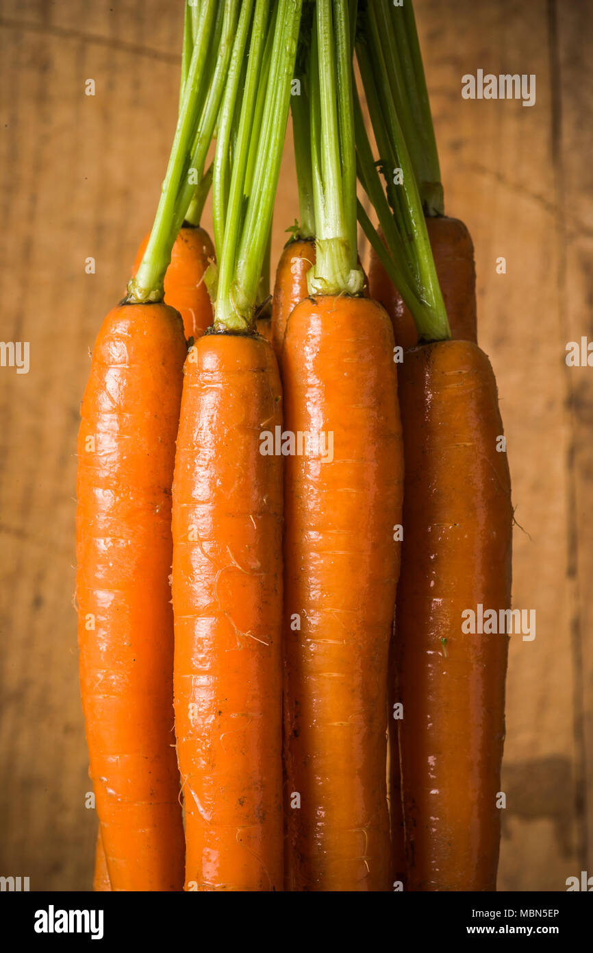 Studio still life of a bunch of carrots devant un arrière-plan en bois. Banque D'Images
