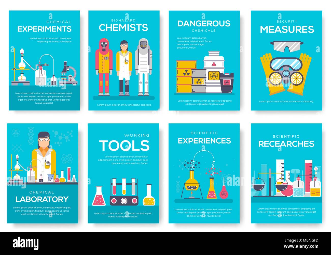 Les chimistes Biohazard cartes brochure set. chemistry lab modèle de flyear, magazine, affiche, couverture de livre, bannière. Les gens de la science avec l'équipement. arrière-plan concept invitation Page Mise en page moderne scientifique Illustration de Vecteur