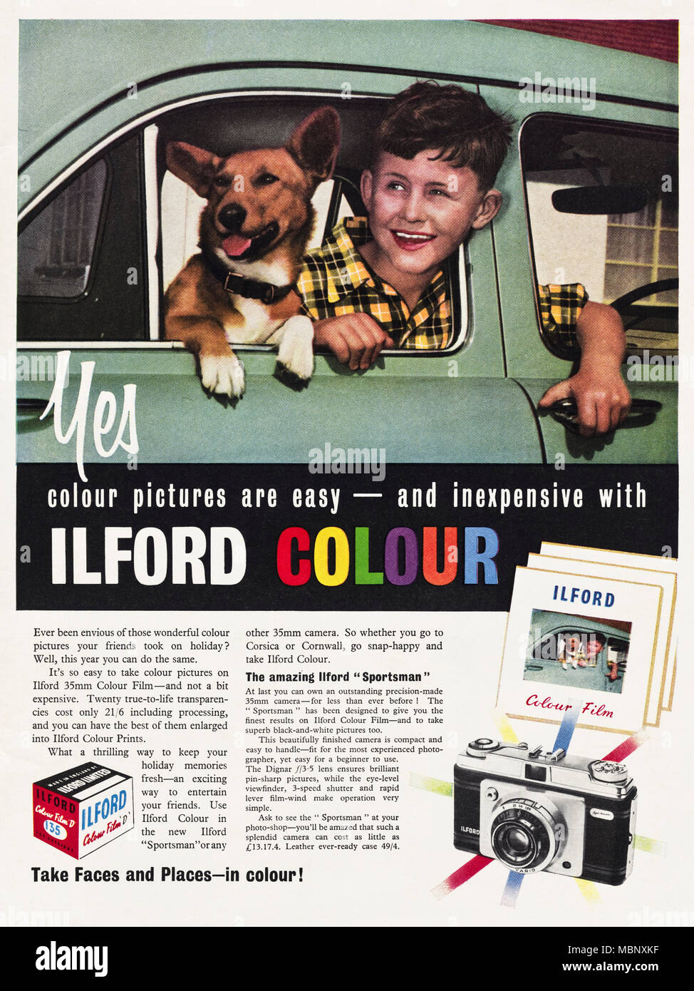 Années 1950 vintage original publicité Publicité film couleur d'Ilford & Sportsman caméra dans revue anglaise vers 1958 Banque D'Images