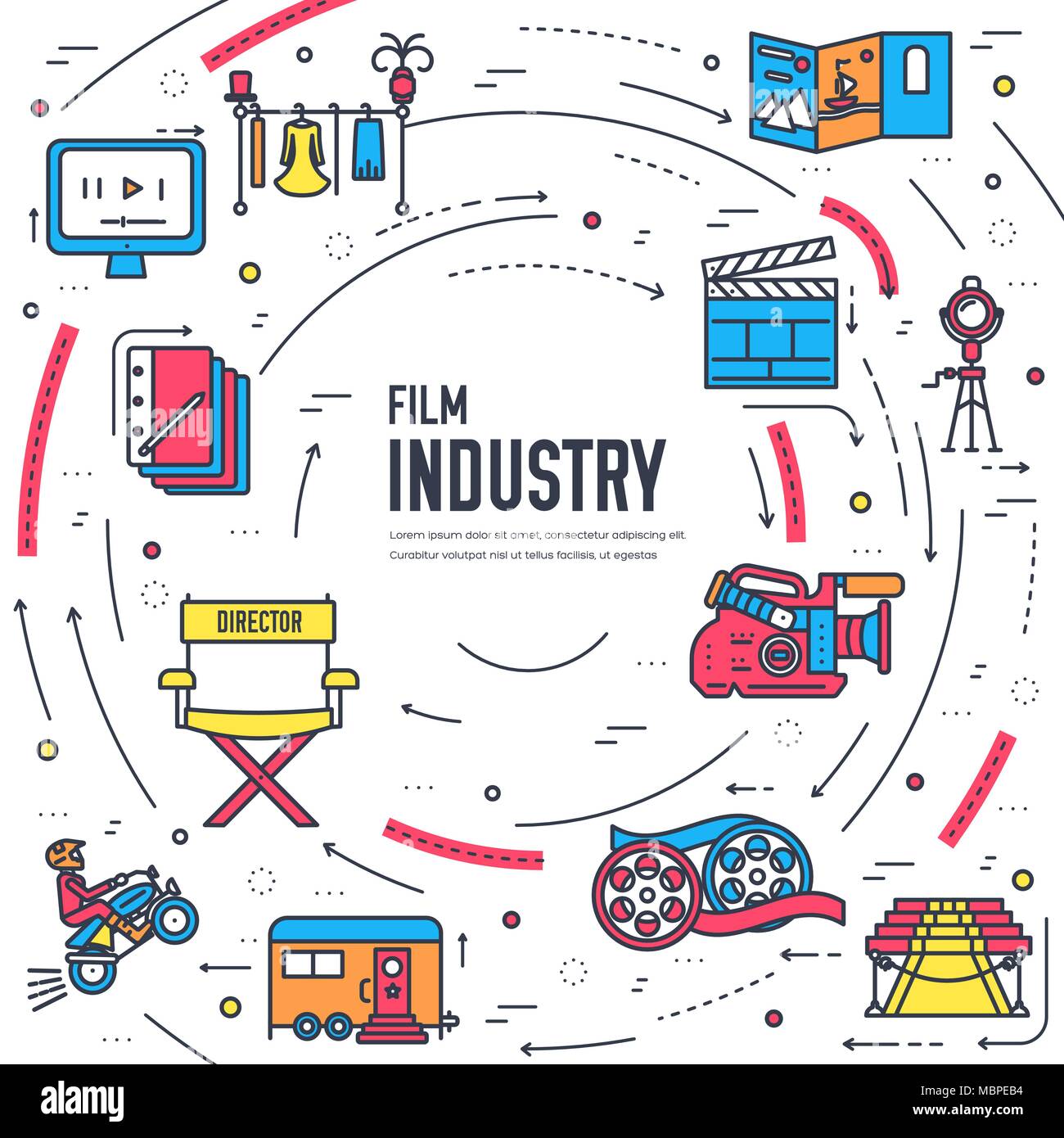 L'industrie du cinéma de qualité Premium fine ligne set design. Tournage symbole minimaliste infographie. Aperçu de la technologie de film modèle icône, typographie, logo, pictogramme et concept illustration Illustration de Vecteur