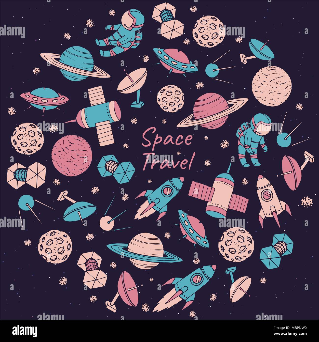 Hand Drawn Vector Space Travel Poster Avec Les Cosmonautes