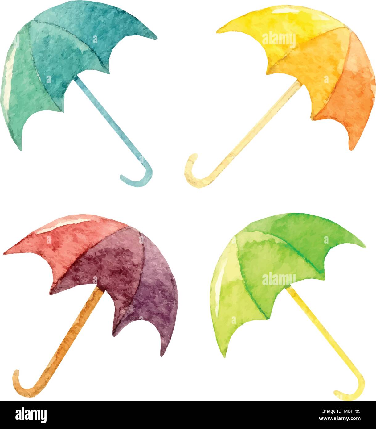 L'aquarelle à la main ensemble de parasols colorés sur le fond blanc. Vecteur. Illustration de Vecteur