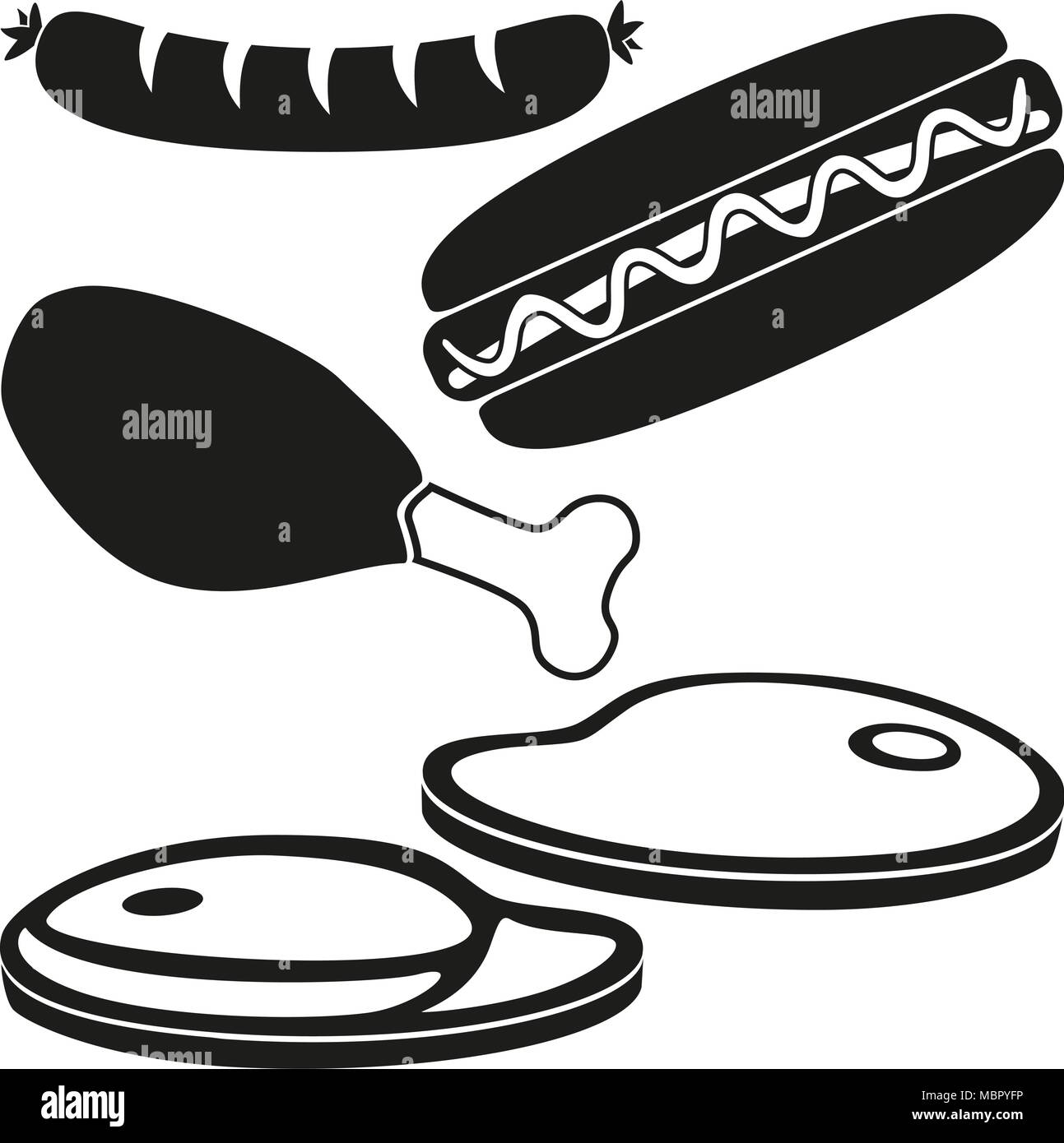 Noir et blanc de la viande barbecue set silhouette Illustration de Vecteur