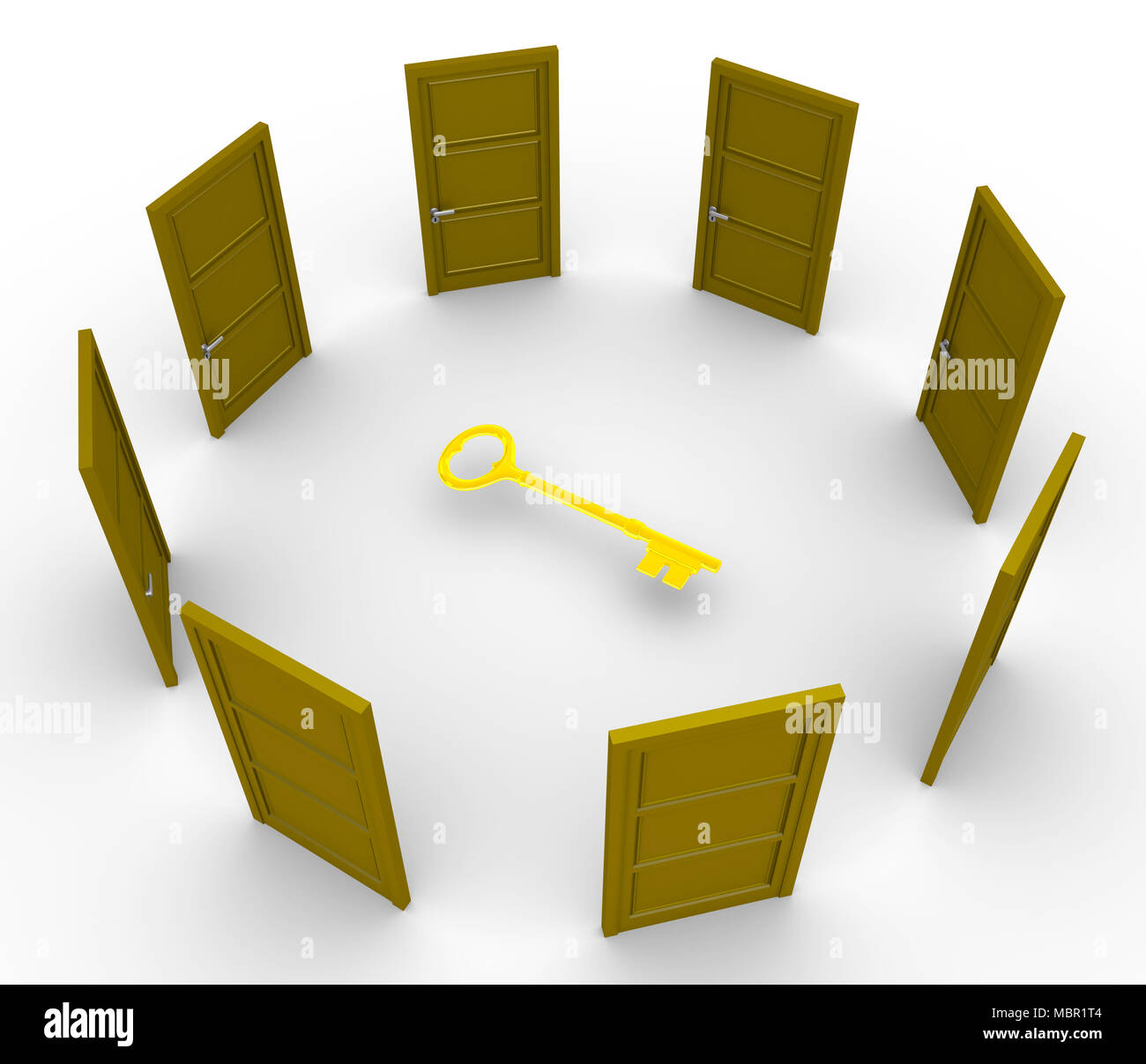 De nombreuses portes 3d autour d'une clé d'or Banque D'Images