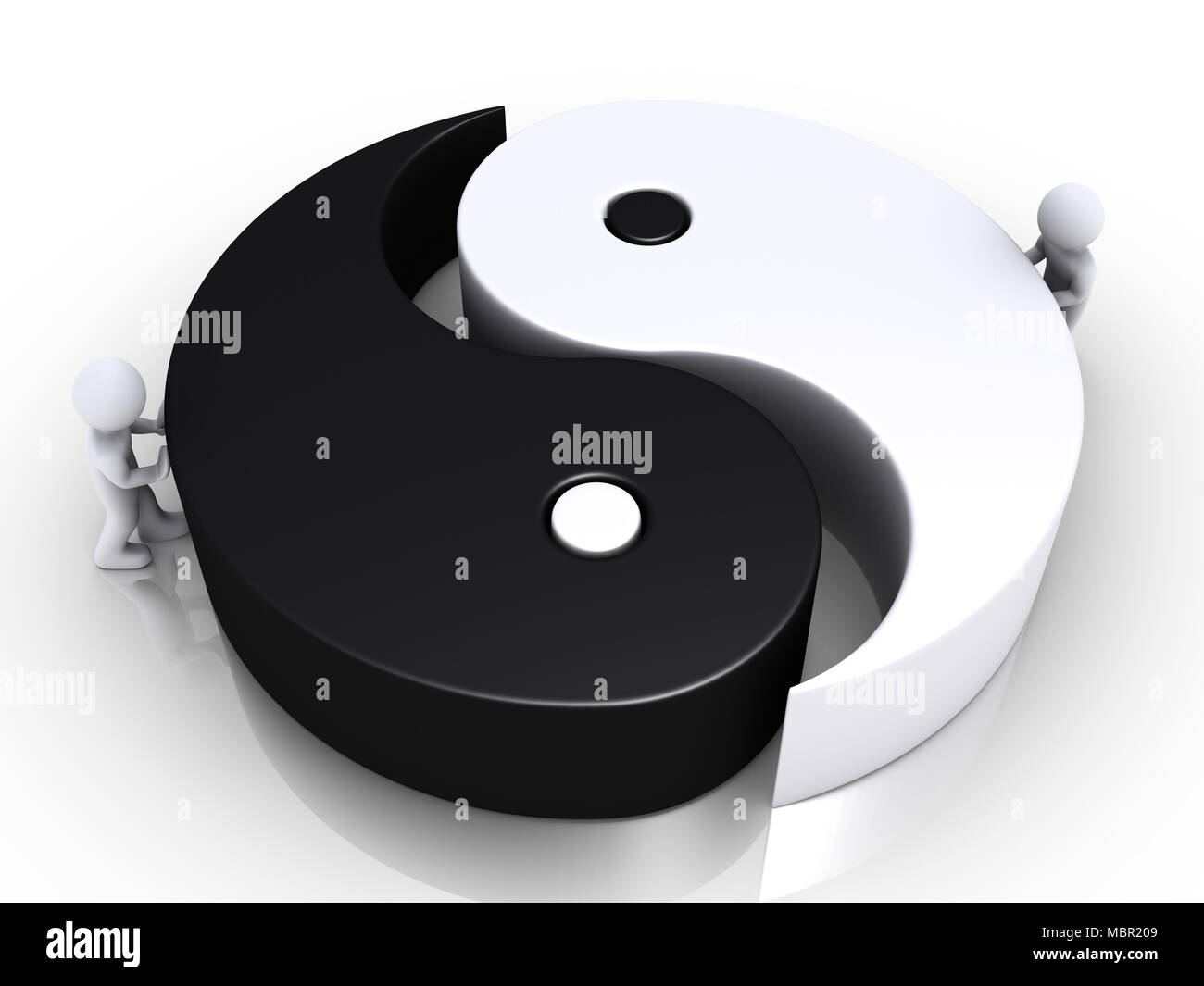 Deux personnes 3d sont poussant les deux parties d'un symbole yin et yang Banque D'Images
