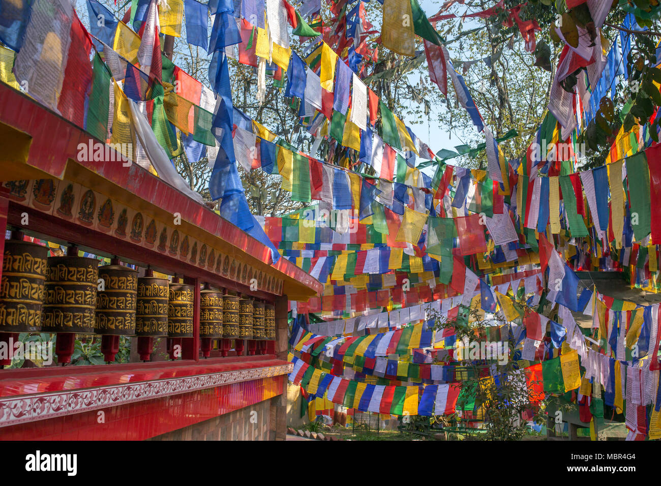 Drapeaux de prière bouddhiste tibétain et roues à Darjeeling, Inde Banque D'Images