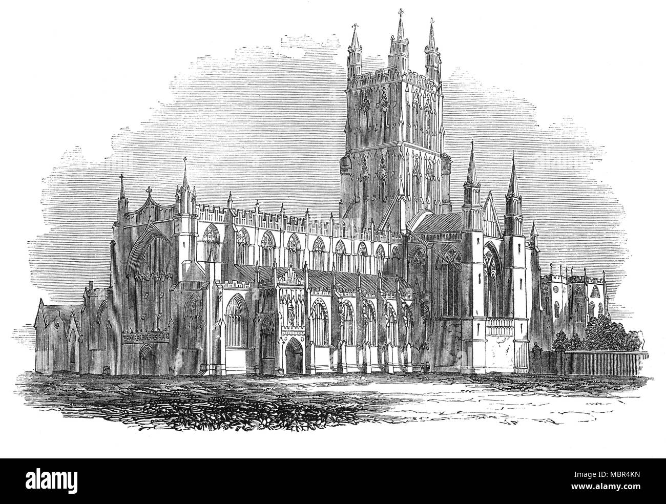 La cathédrale de Gloucester, officiellement l'église cathédrale de Saint Pierre et de la Sainte et indivisible Trinité, dans le Gloucestershire, en Angleterre, se trouve dans le nord de la ville près de la rivière Severn. Construit comme l'église de l'abbaye, entre 1089 et 1499 il se compose d'un noyau de Norman avec ajouts dans chaque style d'architecture gothique. Elle a une tour centrale du 15e siècle surmonté de quatre pinacles délicate. Banque D'Images