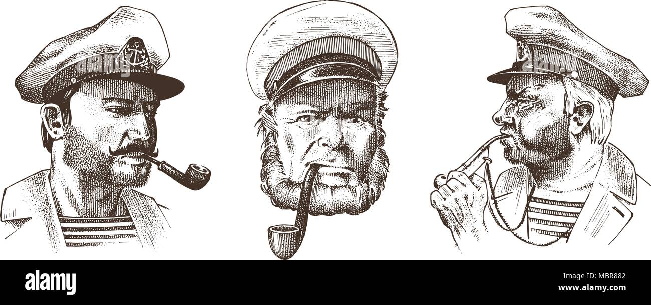 Manœuvrier à tuyau. Portrait d'un capitaine, marin de marine ou de bluejacket, sifflet et seaman avec barbe ou hommes seafarer. transport par navire ou bateau. gravés à la main dans la région de Old vintage croquis. Illustration de Vecteur
