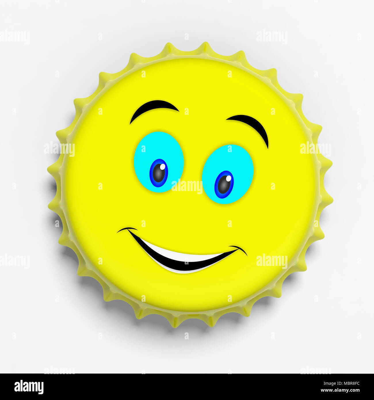 Grand sourire émoticône sur un métal jaune bouchon de bière isolé sur fond blanc, vue du dessus. 3d illustration Banque D'Images