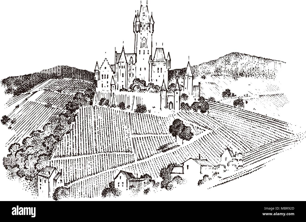 Château sur une colline. Ancien Paysage pour l'étiquette. Croquis en main gravée vintage style victorien. Les voyages en Europe au bâtiment historique. Illustration de Vecteur