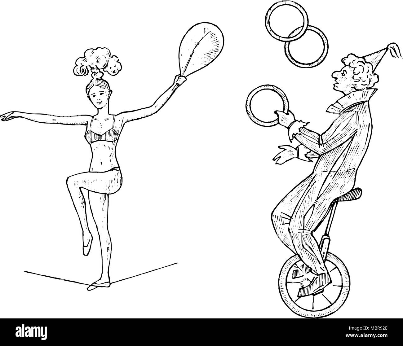 Le clown sur la roue jongle avec des boules de quilles ou sur fond blanc. Acteur de la rue ou de l'artiste dans le cirque. Interprète acrobat. Croquis en main gravée vintage style victorien. Illustration de Vecteur