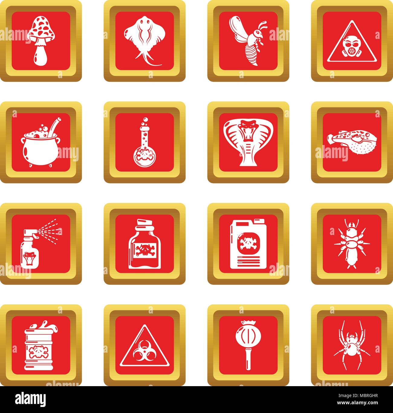 Danger Toxique Poison icons set carré rouge vector Illustration de Vecteur