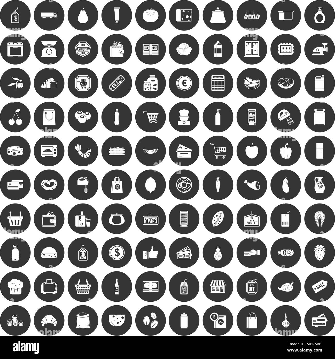 Supermarché 100 icons set cercle noir Illustration de Vecteur