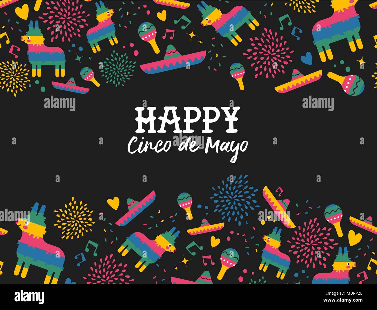 Heureux Le Cinco de Mayo illustration carte de voeux avec motif de fond. Mexicain de fête à la main comprend des icônes âne mignon pinata, mariachi et chapeau Illustration de Vecteur