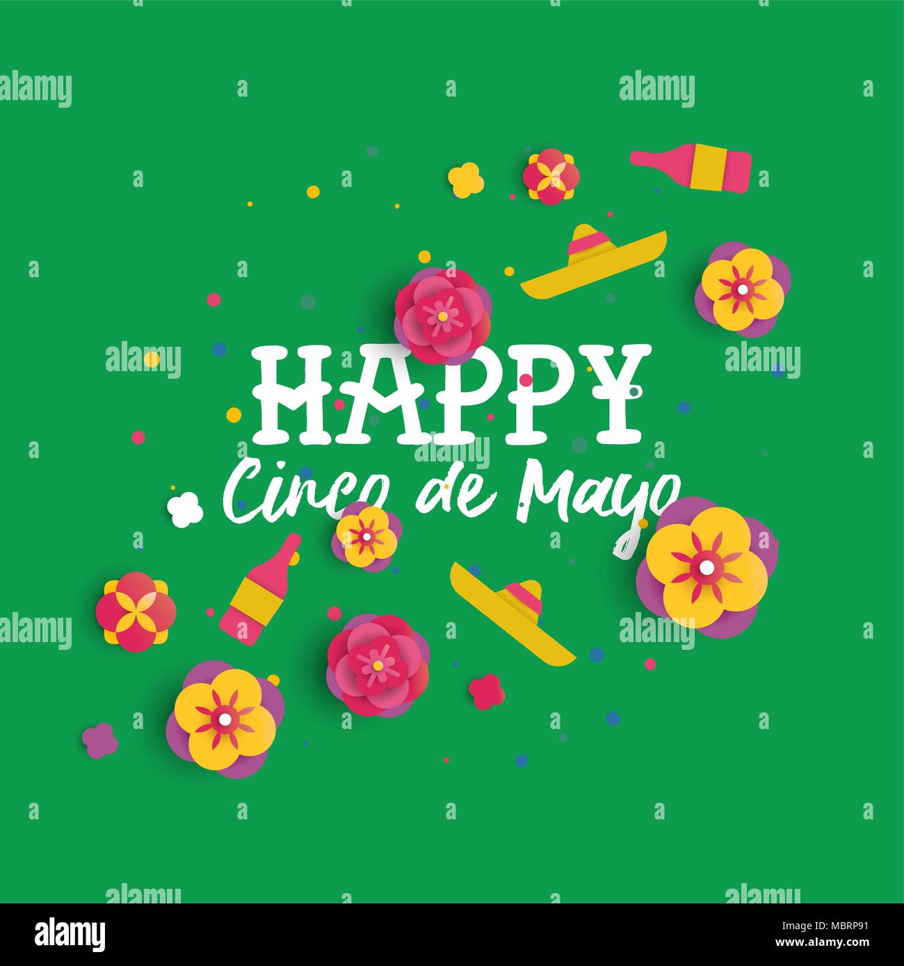 Heureux Le Cinco de Mayo en carte de vœux papier 3d style art pour maison de l'événement. Fleurs et décoration mexicaine avec typographie citer. Vecteur EPS10 Illustration de Vecteur