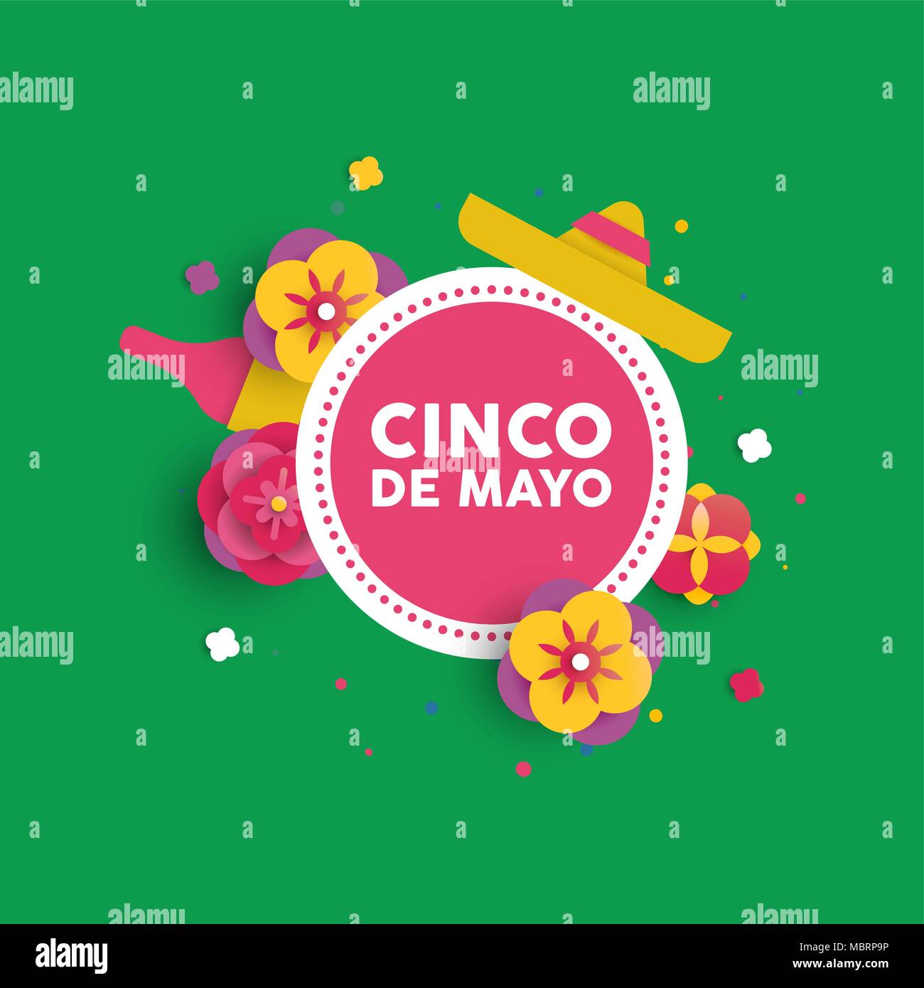 Heureux Le Cinco de Mayo en carte de vœux papier 3d style art pour maison de l'événement. Fleurs et décoration mexicaine avec typographie citer. Vecteur EPS10 Illustration de Vecteur