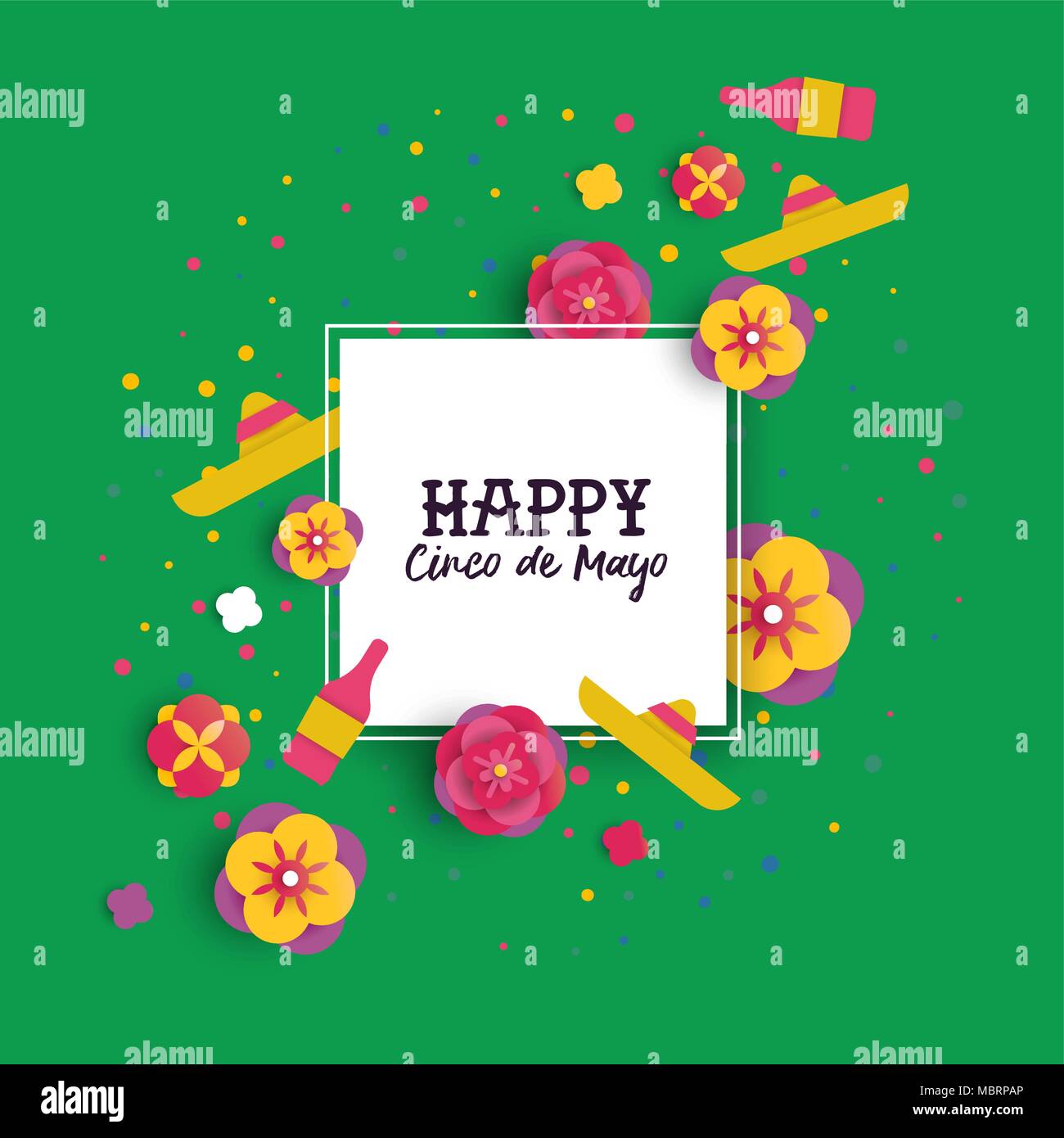 Heureux Le Cinco de Mayo carte de souhaits dans le cadre de texte en 3D Modèle de coupe de papier. Mariachi mexicain et fleurs pour décoration maison de l'événement. Vecteur EPS10. Illustration de Vecteur