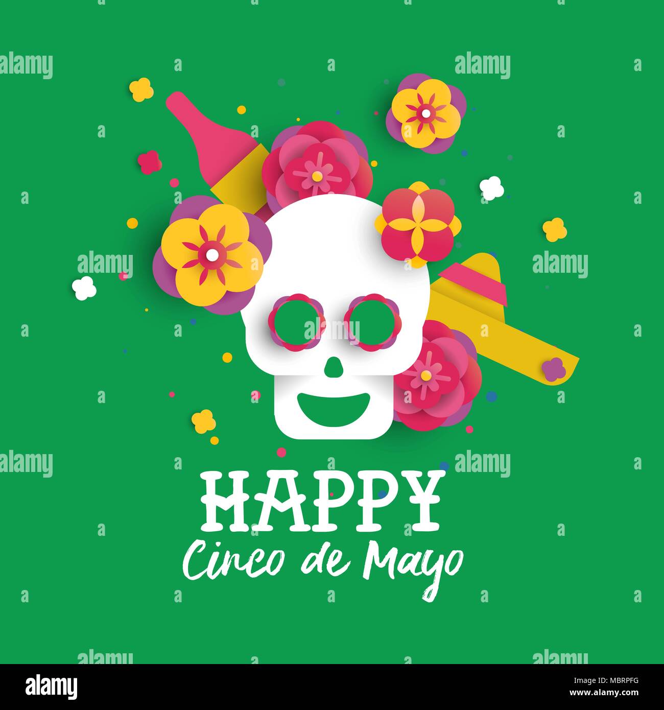 Heureux Le Cinco de Mayo illustration cartes de vœux en 3D Modèle de coupe de papier. Crâne en sucre traditionnel mexicain avec fleur et décoration pour maison de mariachi Illustration de Vecteur