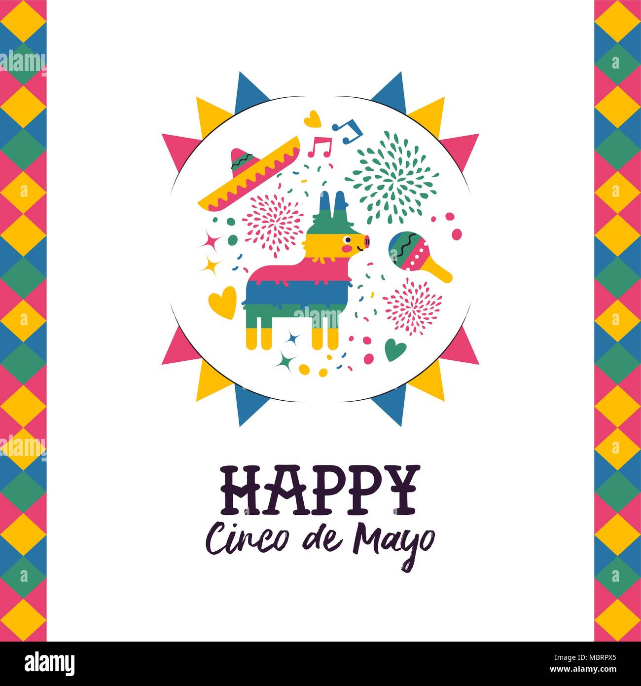 Heureux Le Cinco de Mayo illustration de carte de vœux. Décoration de fête hand drawn mexicain comprend l'âne mignon pinata, mariachi hat et maracas. EPS10 vec Illustration de Vecteur