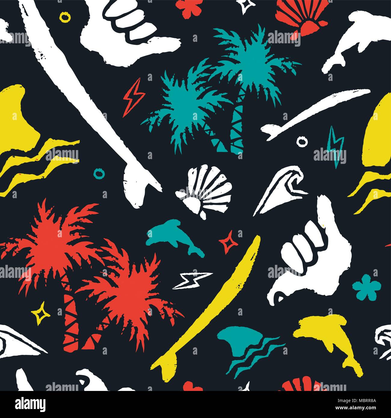Surfez avec motif transparente texture grunge fait main icons et doodles. Décoration colorée surfer tropical beach palm tree, surfboard, requin, shaka han Illustration de Vecteur