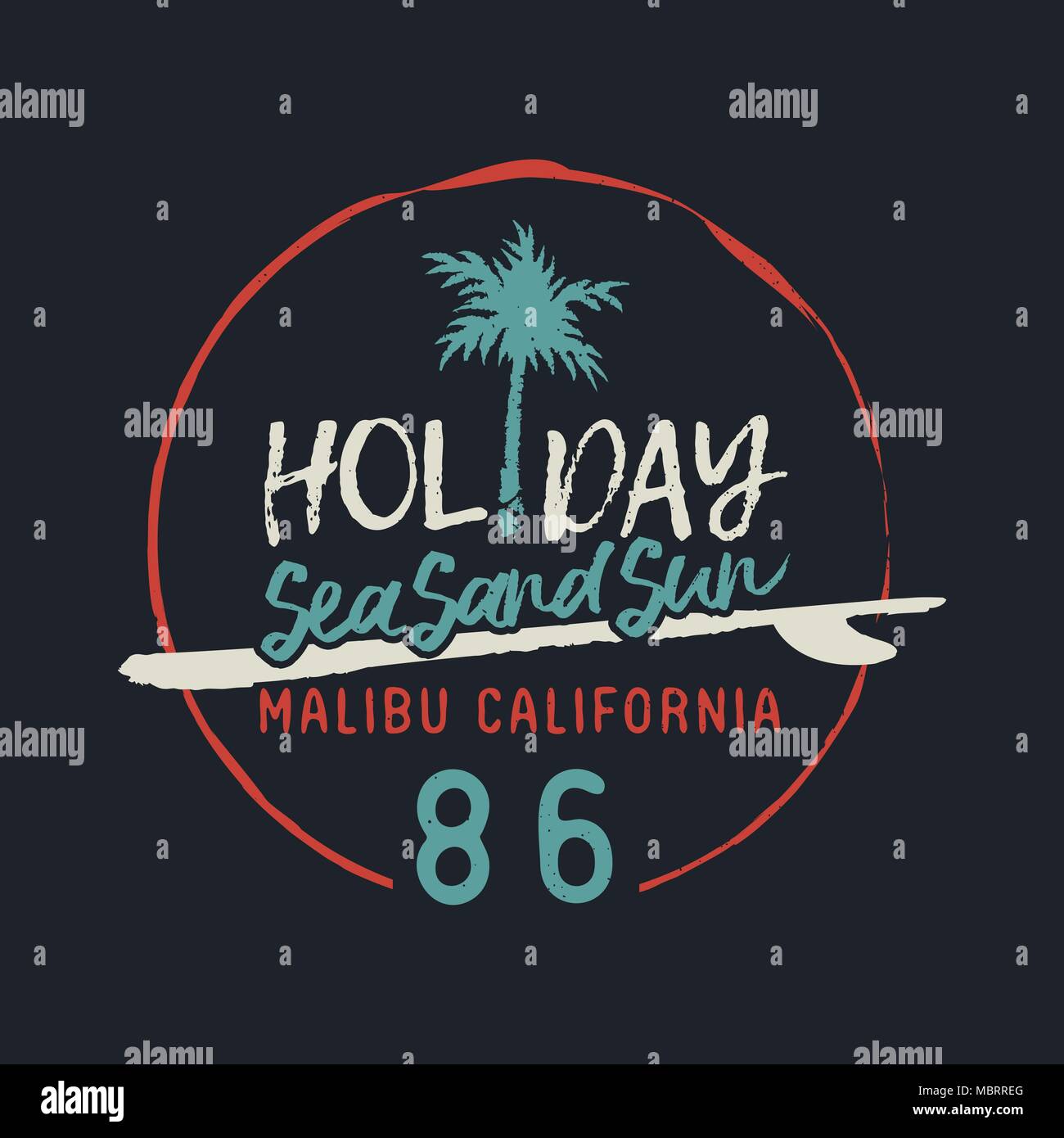 Surf à Malibu Beach typographie citer illustration. California Vintage grunge design avec palmiers et de surf dans un style dessiné à la main. Vecteur EPS10. Illustration de Vecteur