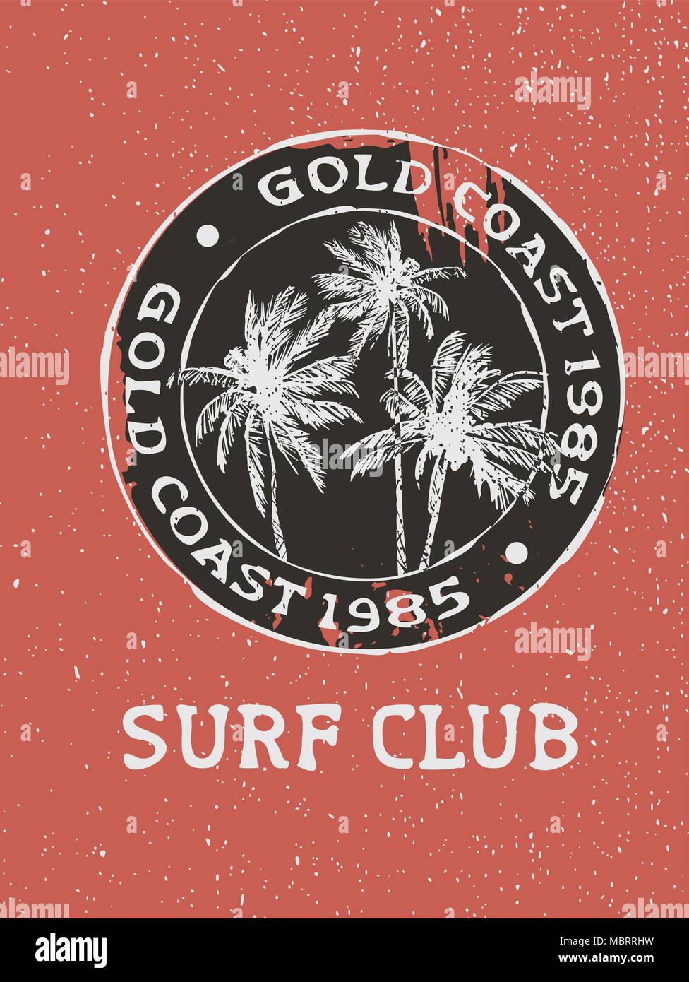 Vintage Surf Club typographie avec grunge texture et palmiers dessinés à la main. Calligraphie texte surfeur stamp idéal pour imprimer, carte ou usage textile. EPS10 Illustration de Vecteur