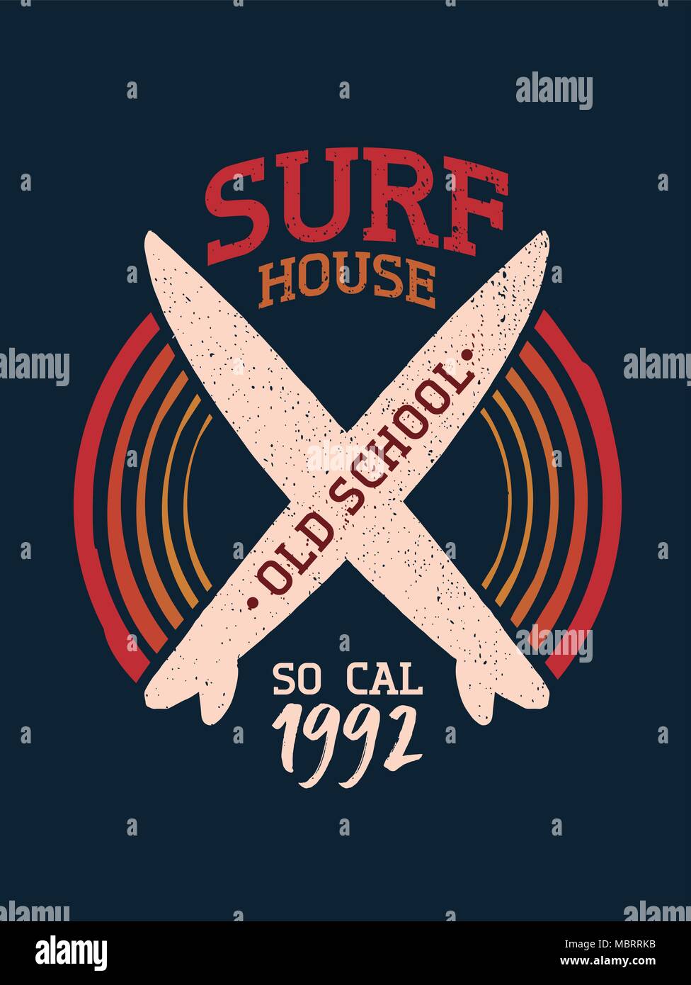 Surf Club stamp art avec grunge texture et de surf à la main. Surf Shop d'été idéal pour imprimer des étiquettes de texte, carte ou usage textile. Vecteur EPS10. Illustration de Vecteur