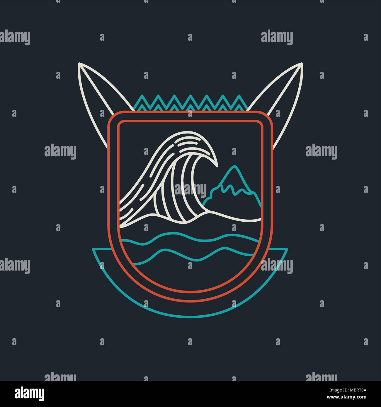 Surf l'été dans l'icône de style de ligne moderne. Location vacances appartement design emblème avec vagues océaniques, de surf et de montagnes. Vecteur EPS10. Illustration de Vecteur