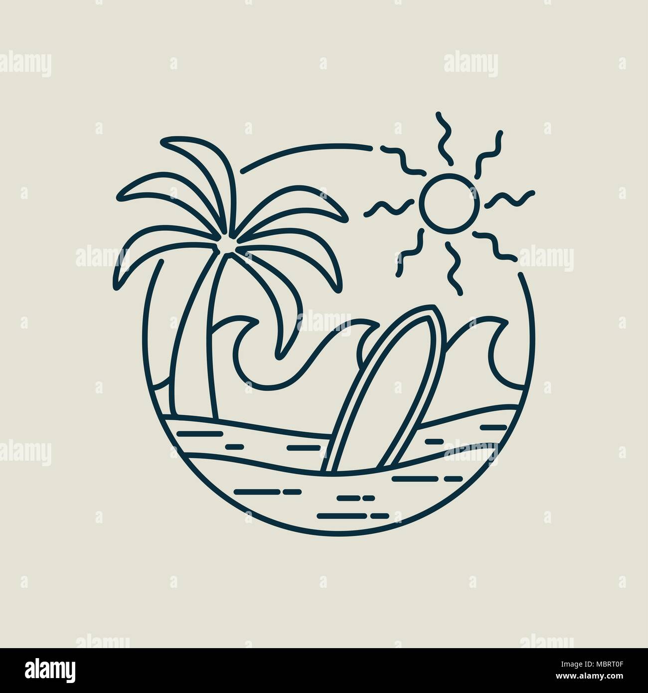 Ligne Surf art stamp dans télévision moderne style. Paradise beach illustration avec palmier, vagues de l'océan et de surf. Vecteur EPS10. Illustration de Vecteur