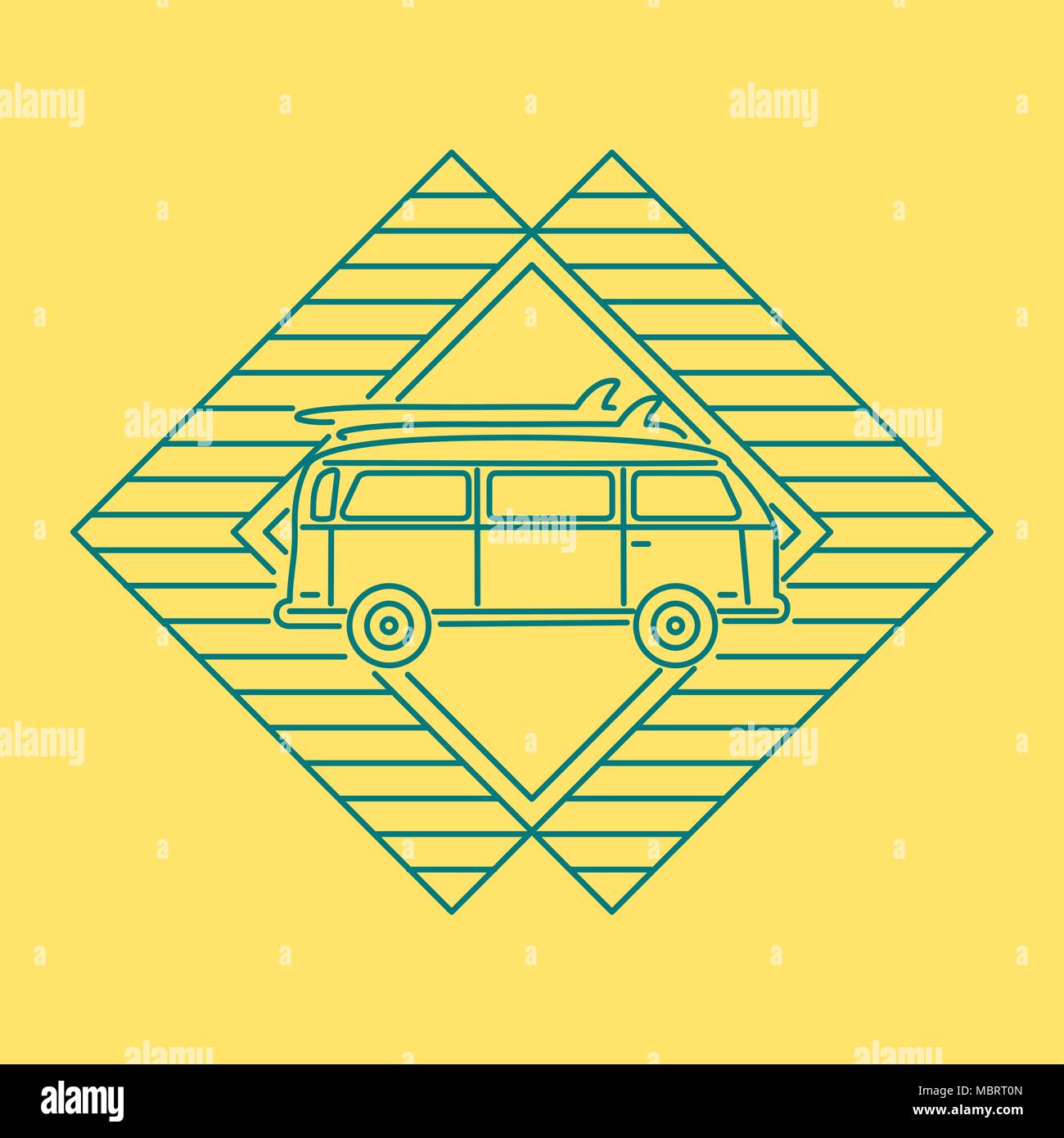 En prenant des planches de surf van à la plage, l'icône design en ligne télévision moderne de style art pour le surf vacances. Image abstrait avec décoration vintage car. EP Illustration de Vecteur