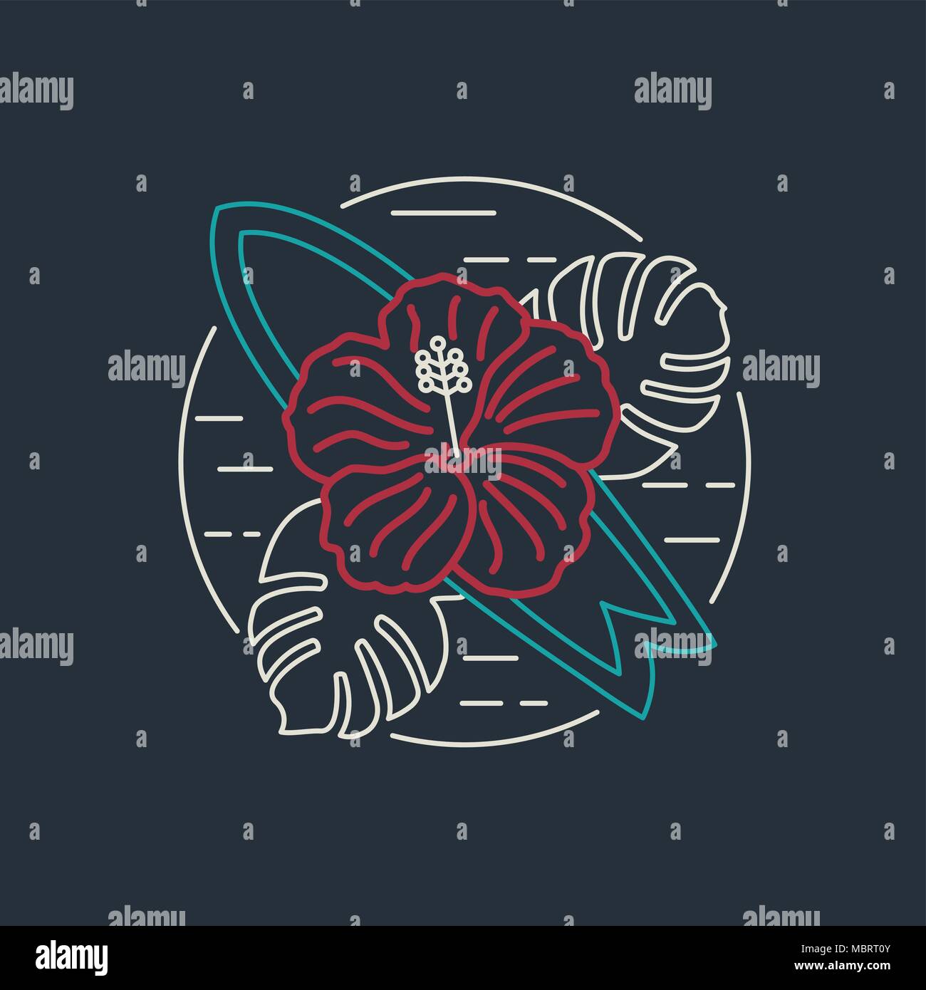 Surfeur Tropical design emblème avec fleur d'hibiscus et de planches de surf. Icône moderne concept plage illustration. Vecteur EPS10. Illustration de Vecteur