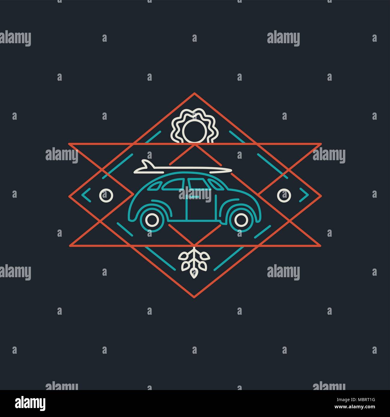 Vacances d'icône concevoir en ligne style art moderne avec télévision voiture rétro en prenant des planches de surf à la plage. Vecteur EPS10. Illustration de Vecteur