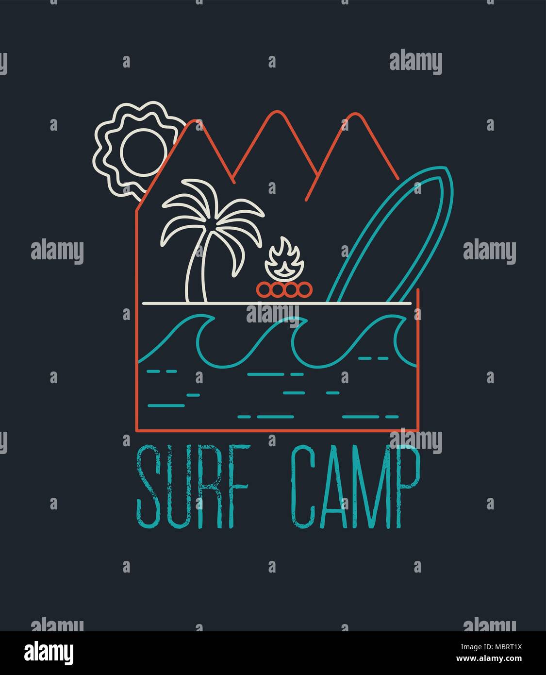 Surf camp typographie libellé pour l'activité d'été. Ligne moderne art design with surfboard, palmier et vagues de l'océan. Vecteur EPS10. Illustration de Vecteur