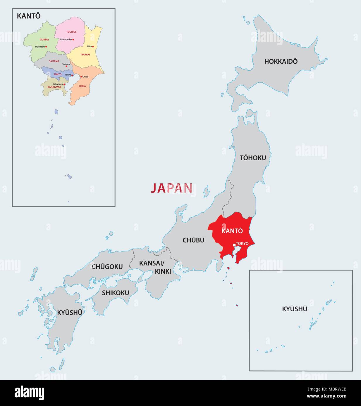 La région Japon carte kanto Illustration de Vecteur